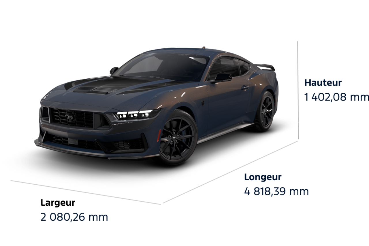 Dimensions de la Mustang® Dark Horse™ Premium 2025. Hauteur : 1 402,08 mm, largeur : 2 080,26 mm, longueur : 4 818,39 mm