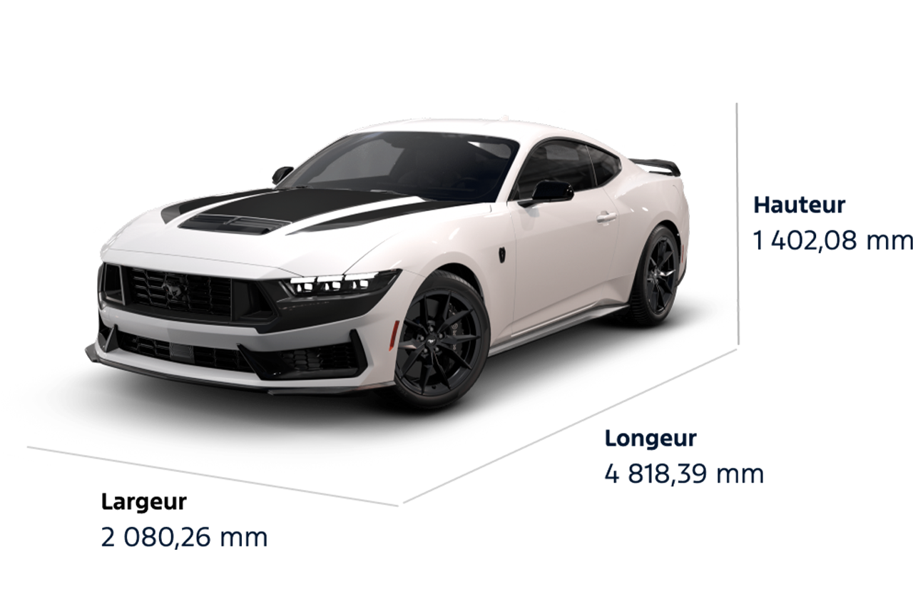 Dimensions de la Mustang® Dark Horse™ 2025. Hauteur : 1 402,08 mm, largeur : 2 080,26 mm, longueur : 4 818,39 mm