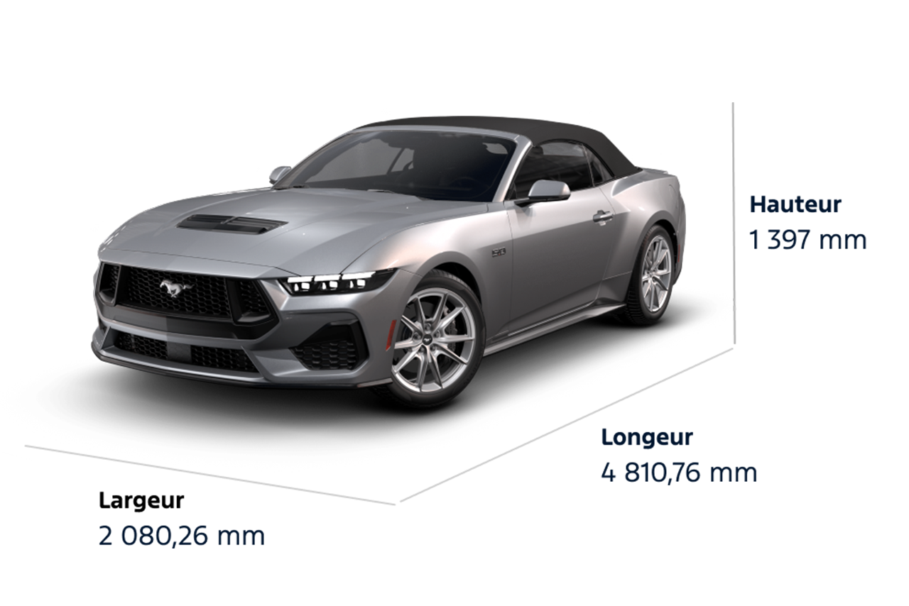 Les dimensions de la Mustang® GT Premium décapotable 2025, Hauteur : 1 397 mm, Largeur : 2 080,26 mm, Longueur : 4 810,76 mm