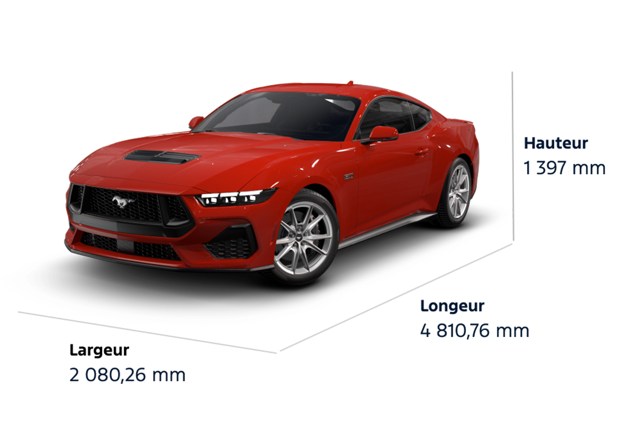 Dimensions de la Mustang® GT Premium 2025, Hauteur : 1 397 mm, Largeur : 2 080,26 mm, Longueur : 4 810,76 mm