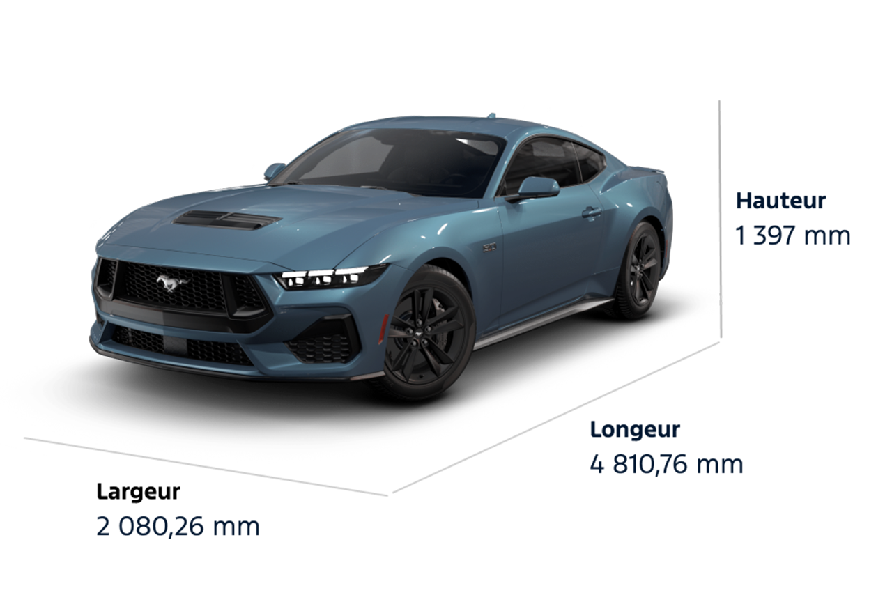 Les dimensions de la Mustang® GT 2025, Hauteur : 1 397 mm, Largeur : 2 080,26 mm, Longueur : 4 810,76 mm