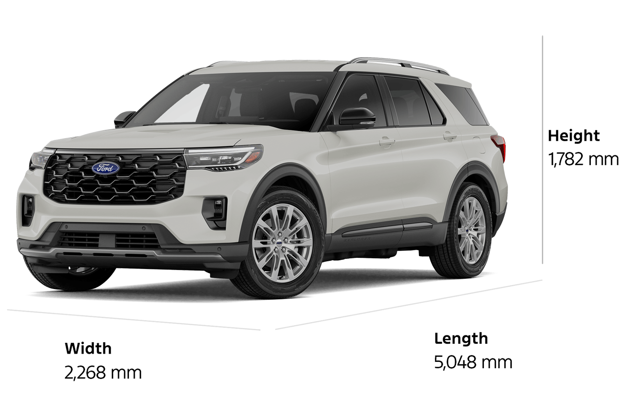 Un VUS Ford Explorer® Platinum™ 2027 d'une longueur de 5 048 mm, d'une largeur de 2 268 mm et d'une hauteur de 1 782 mm