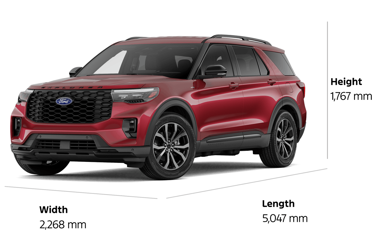 Un VUS Ford Explorer® ST-Line 2027 d'une longueur de 5 047 mm, d'une largeur de 2 268 mm et d'une hauteur de 1 767 mm