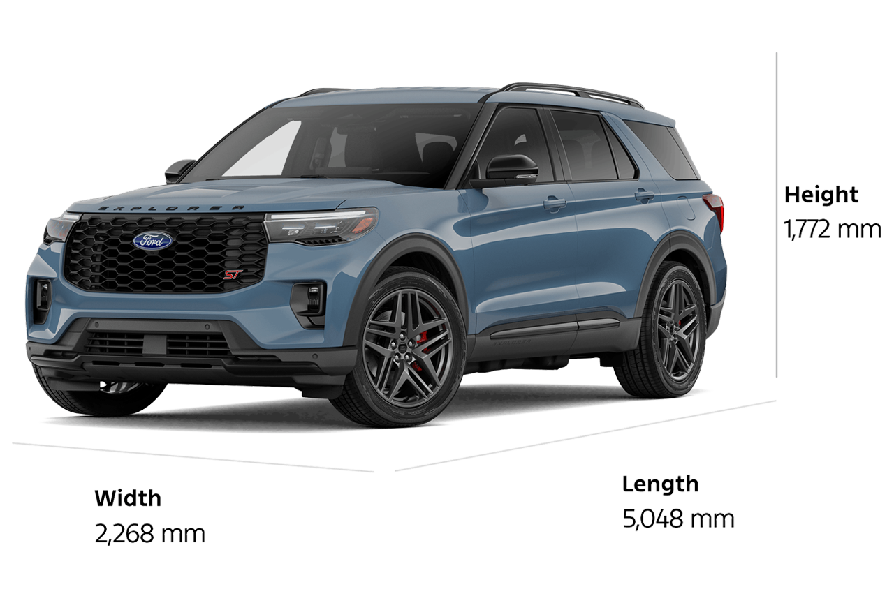 Un VUS Ford Explorer® ST 2027 d'une longueur de 5 048 mm, d'une largeur de 2 268 mm et d'une hauteur de 1 772 mm