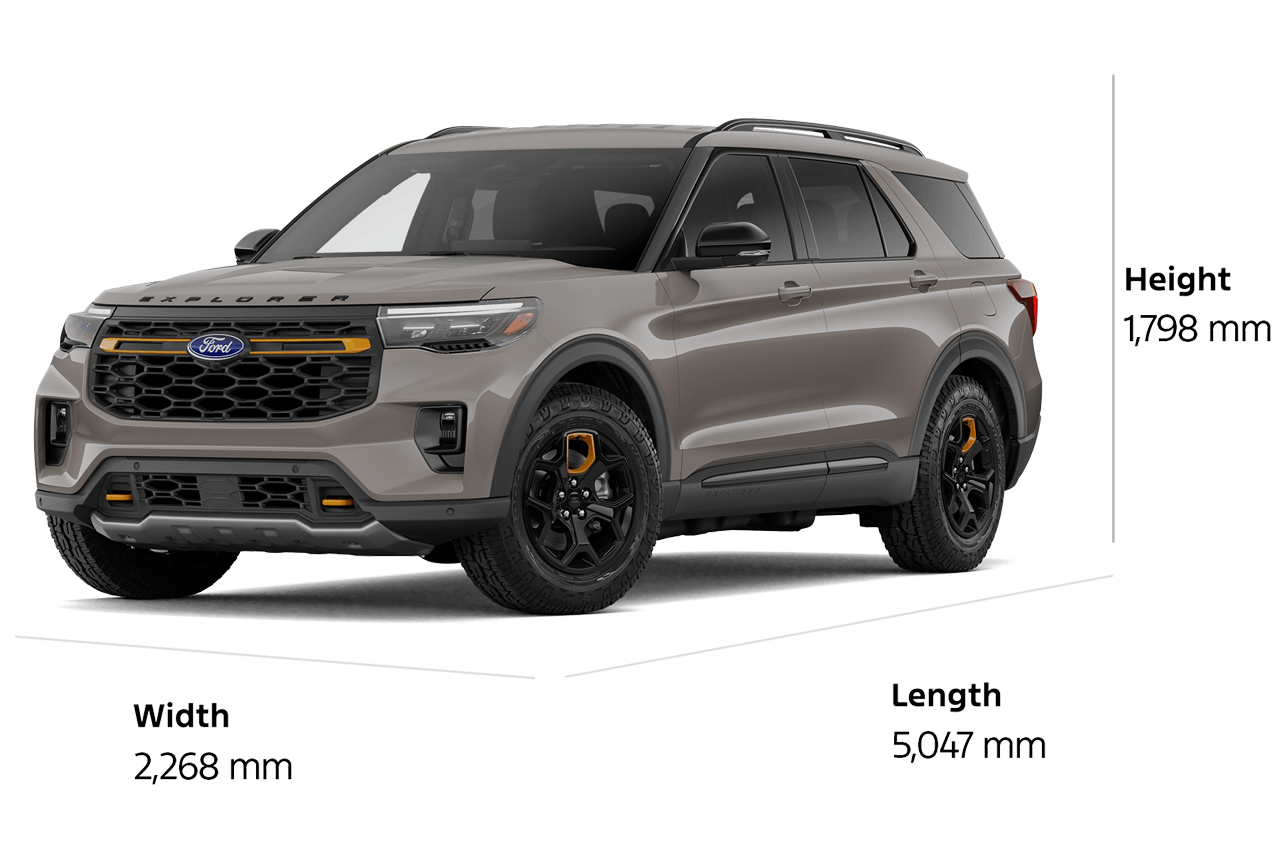 Un VUS Ford Explorer® Tremor® 2027 d'une longueur de 5 047 mm, d'une largeur de 2 268 mm et d'une hauteur de 1 798 mm