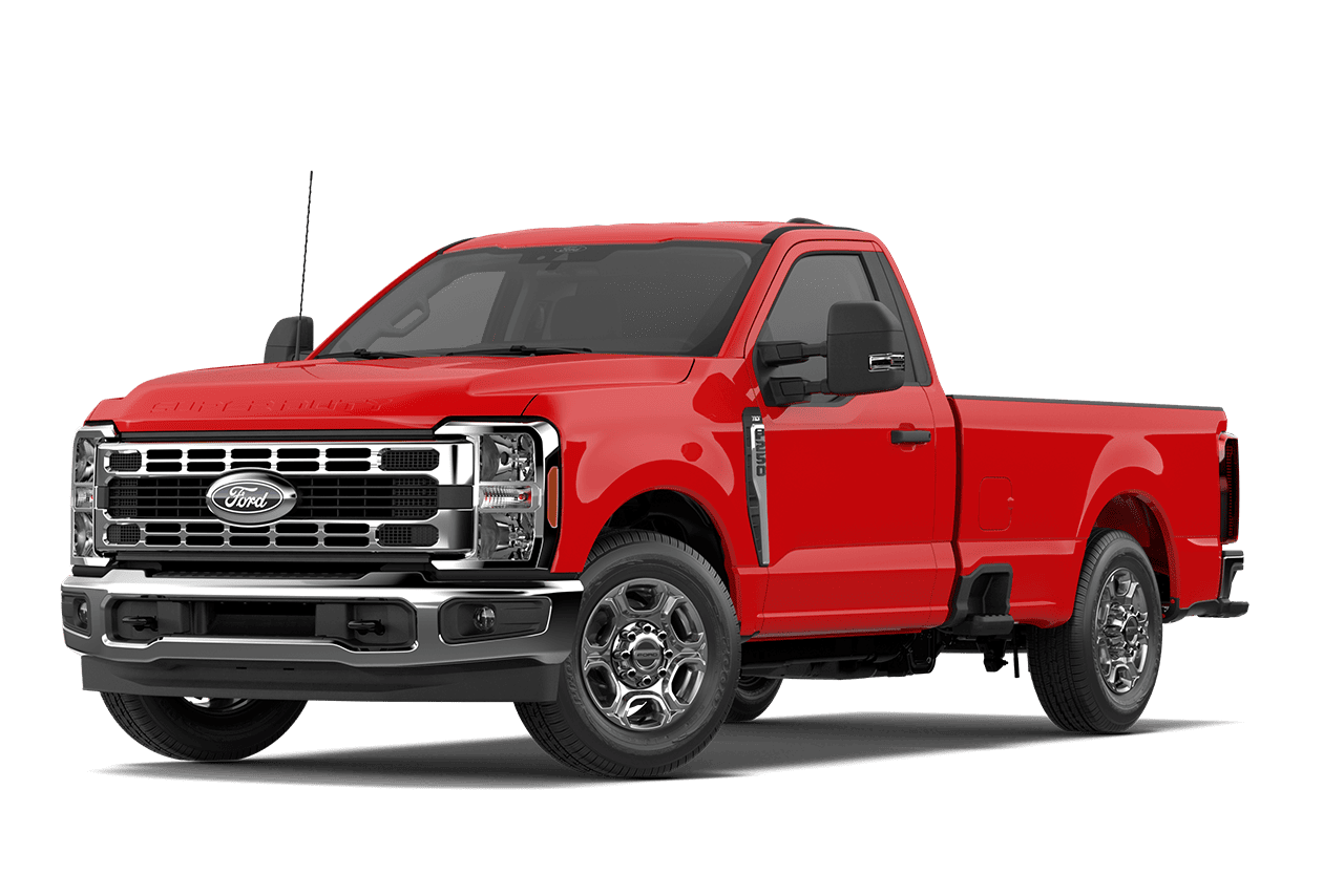 Modèle Ford Super Duty® F-250® XLT 2027, couleur rouge course, sur fond blanc