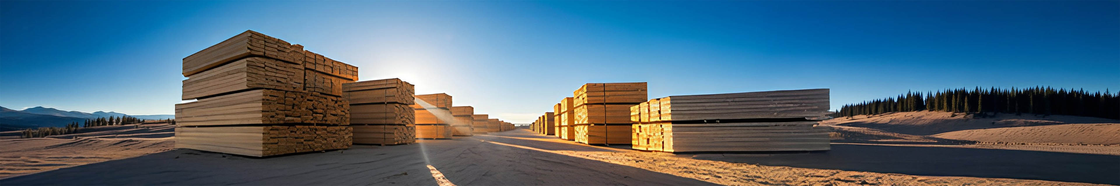 Piles de bois d’œuvre empilées dans une cour industrielle extérieure sous un ciel bleu dégagé