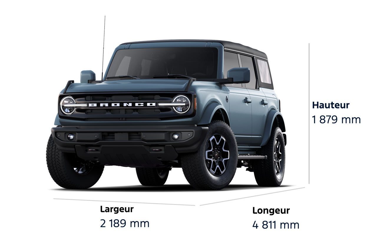 Un VUS Ford Bronco® Outer Banks® 2025, d'une hauteur de 1879 mm, d'une largeur de 2189 mm et d'une longueur de 4811 mm