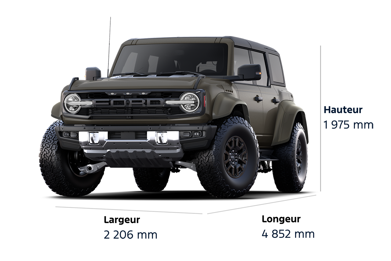 Un VUS Ford Bronco® Raptor® 2025, d'une hauteur de 1975 mm, d'une largeur de 2206 mm et d'une longueur de 4852 mm