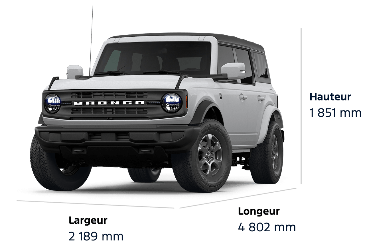 Diagramme des dimensions du VUS Ford Bronco® Big Bend® 2026 : hauteur 1 851 mm, largeur 2 189 mm, longueur 4 802 mm