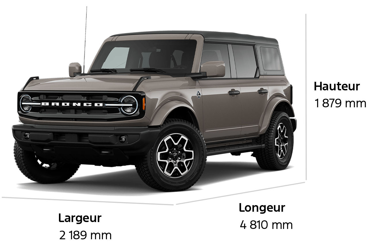 Diagramme dimensionnel du VUS Ford Bronco® Outer Banks® 2026 : hauteur 1 879 mm, largeur 2 189 mm, longueur 4 810 mm