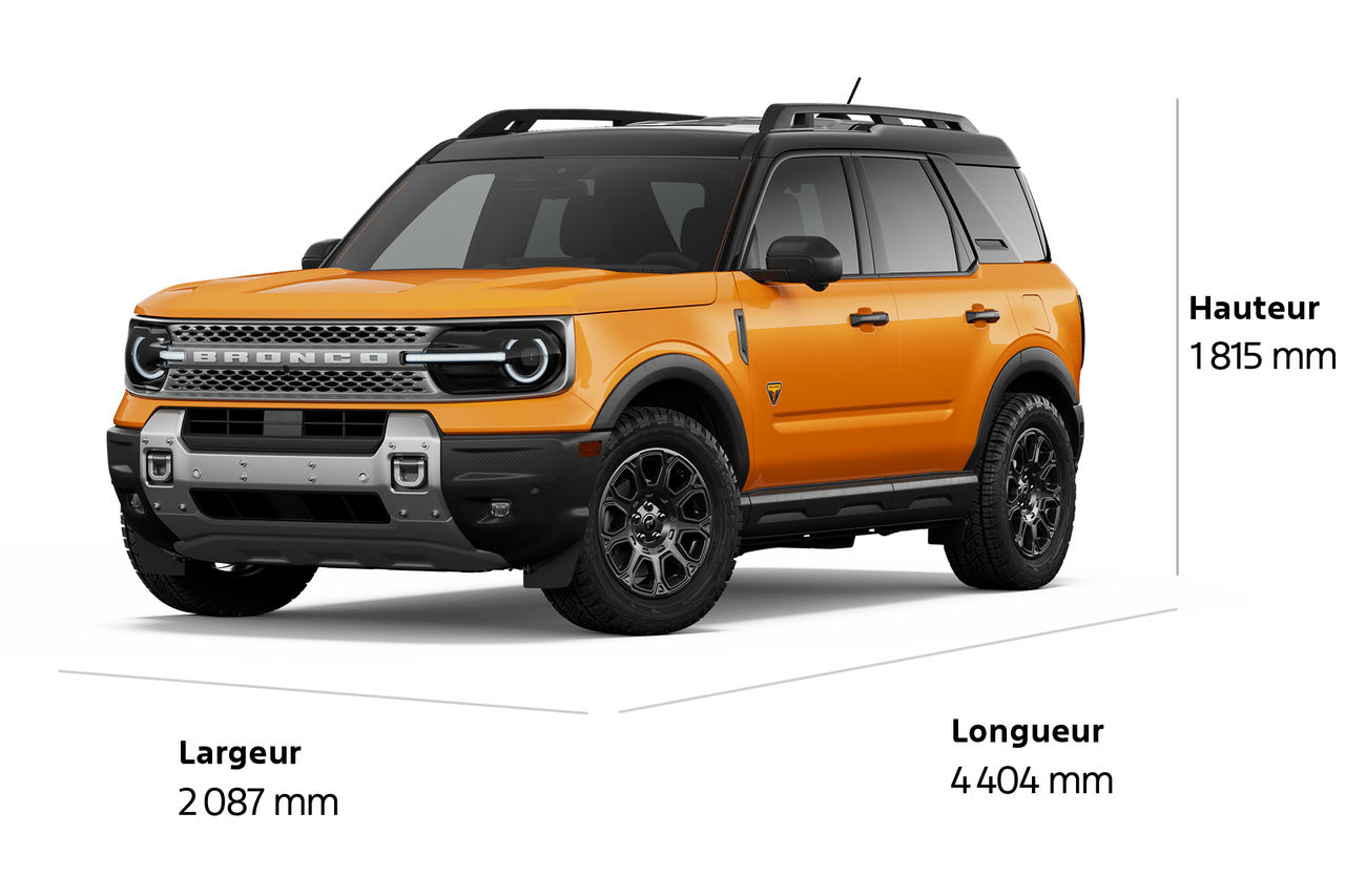 Modèle Ford Bronco Sport® Badlands® 2026 présenté avec les dimensions tracées autour du véhicule