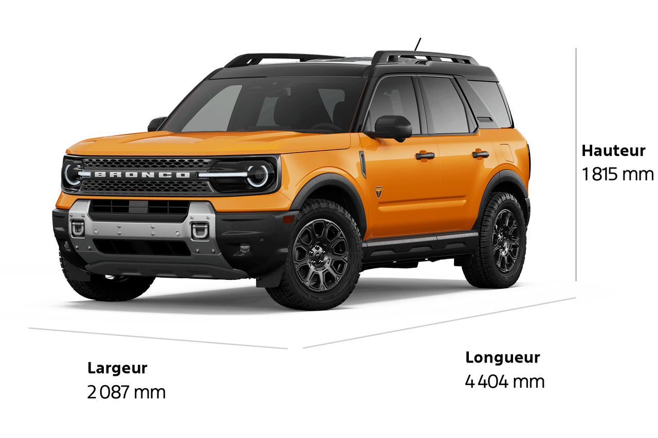 Modèle Ford Bronco Sport® Badlands® 2026 présenté avec les dimensions tracées autour du véhicule