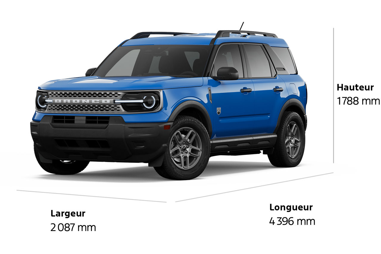 Modèle Ford Bronco Sport® Big Bend® 2026 présenté avec les dimensions tracées autour du véhicule