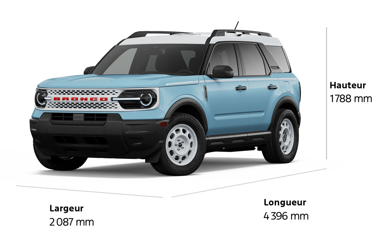 Modèle Ford Bronco Sport® Heritage 2026 présenté avec les dimensions tracées autour du véhicule
