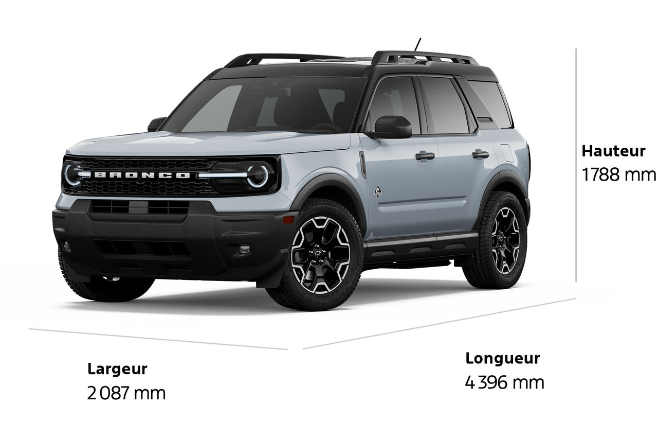 Modèle Ford Bronco Sport® Outer Banks® 2026 présenté avec les dimensions tracées autour du véhicule