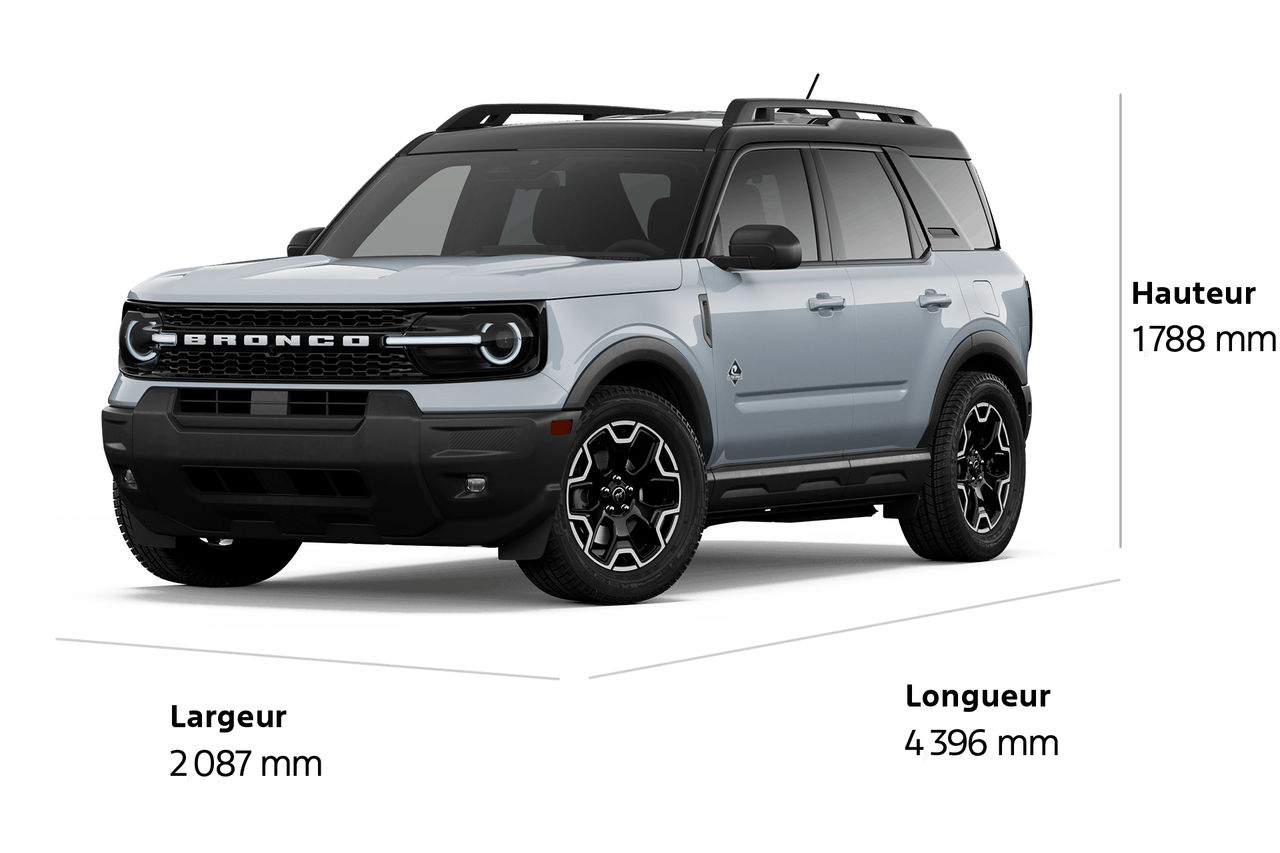 Modèle Ford Bronco Sport® Outer Banks® 2026 présenté avec les dimensions tracées autour du véhicule