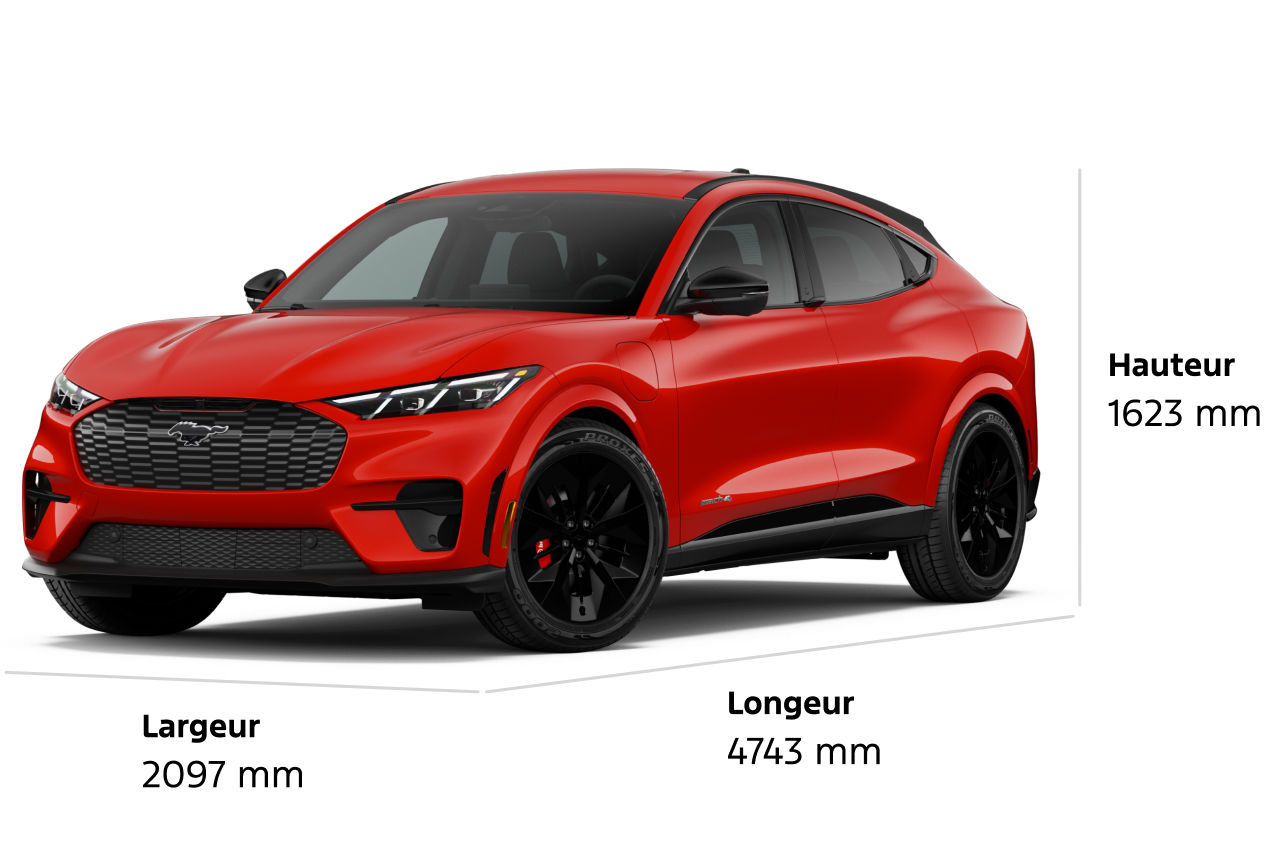 Modèle Ford Mustang Mach-E® GT 2026 avec dimensions (longueur, largeur et hauteur) affichées