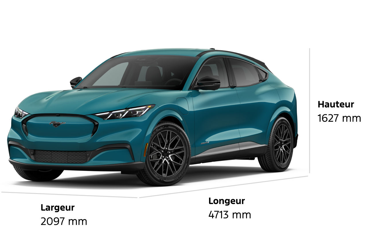 Modèle Ford Mustang Mach-E® Premium 2026 avec dimensions (longueur, largeur et hauteur) affichées