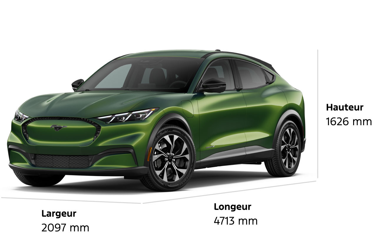 Modèle Ford Mustang Mach-E® Select 2026 avec dimensions (longueur, largeur et hauteur) affichées