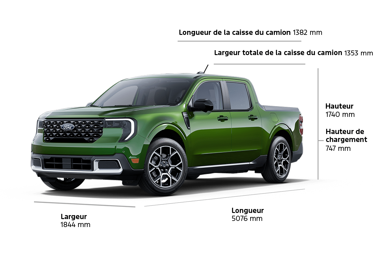 Un Ford Maverick® LARIAT® 2025, longueur 199,8 pouces, largeur 72,6 pouces, hauteur 68,3 pouces, hauteur de levage 29,4 pouces, longueur de la caisse 54,4 pouces, largeur de la caisse 53,3 pouces