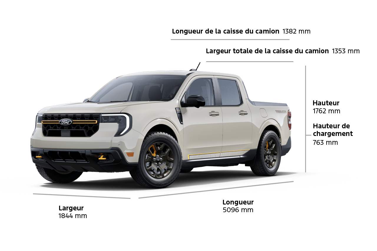 Un Ford Maverick® Tremor® 2025, longueur 200,6 pouces, largeur 72,6 pouces, hauteur 69,4 pouces, hauteur de levage 30,0 pouces, longueur de la caisse 54,4 pouces, largeur de la caisse 53,3 pouces.