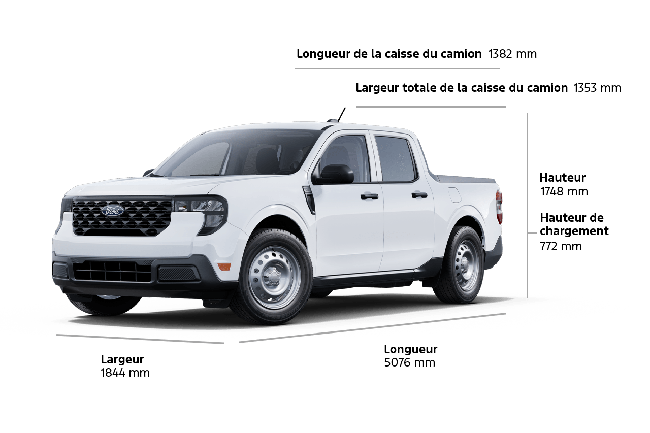 Un Ford Maverick® XL 2025, longueur 199,8 pouces, largeur 72,6 pouces, hauteur 68,8 pouces, hauteur de levage 30,4 pouces, longueur de la caisse 54,4 pouces, largeur de la caisse 53,3 pouces
