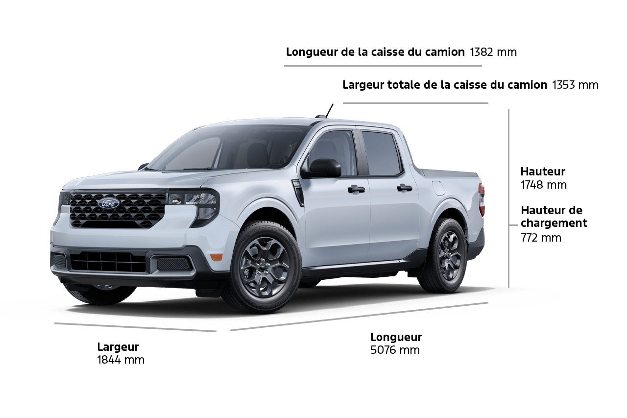 Un Ford Maverick® XLT 2025, longueur 199,8 pouces, largeur 72,6 pouces, hauteur 68,8 pouces, hauteur de levage 29,4 pouces, longueur de la caisse 54,4 pouces, largeur de la caisse 53,3 pouces.