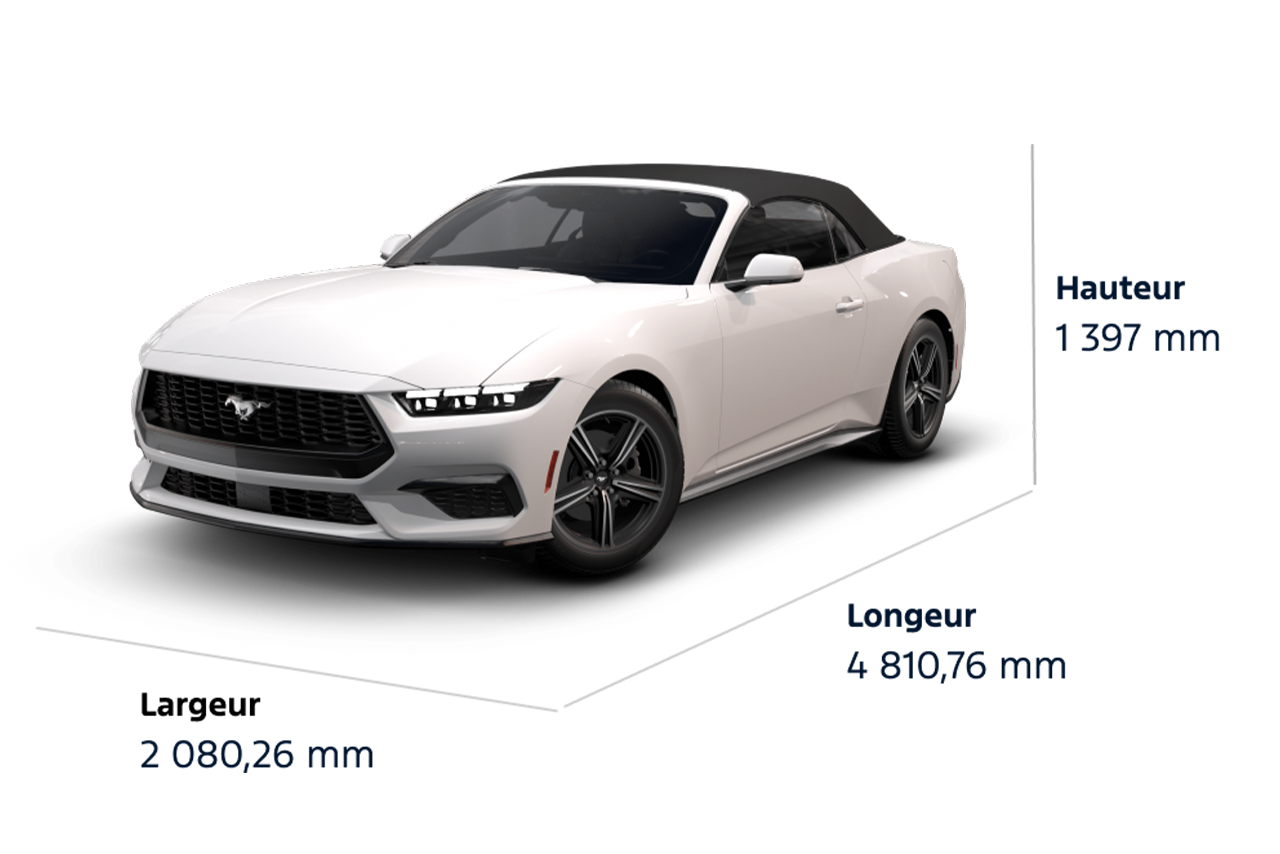 Dimensions de la Mustang® EcoBoost® décapotable 2025. Hauteur : 1 397 mm, largeur : 2 080,26 mm, longueur : 4 810,76