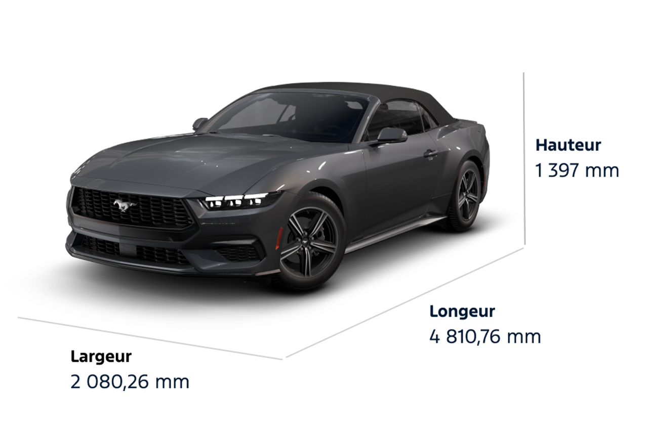 Dimensions de la Mustang® EcoBoost® Premium décapotable 2025. Hauteur : 1 397 mm, largeur : 2 080,26 mm, longueur : 4 810,76 mm
