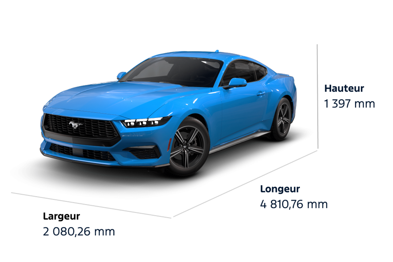 Dimensions de la Mustang® EcoBoost® Premium 2025, Hauteur : 1 397 mm, Largeur : 2 080,26 mm, Longueur : 4 810,76 mm