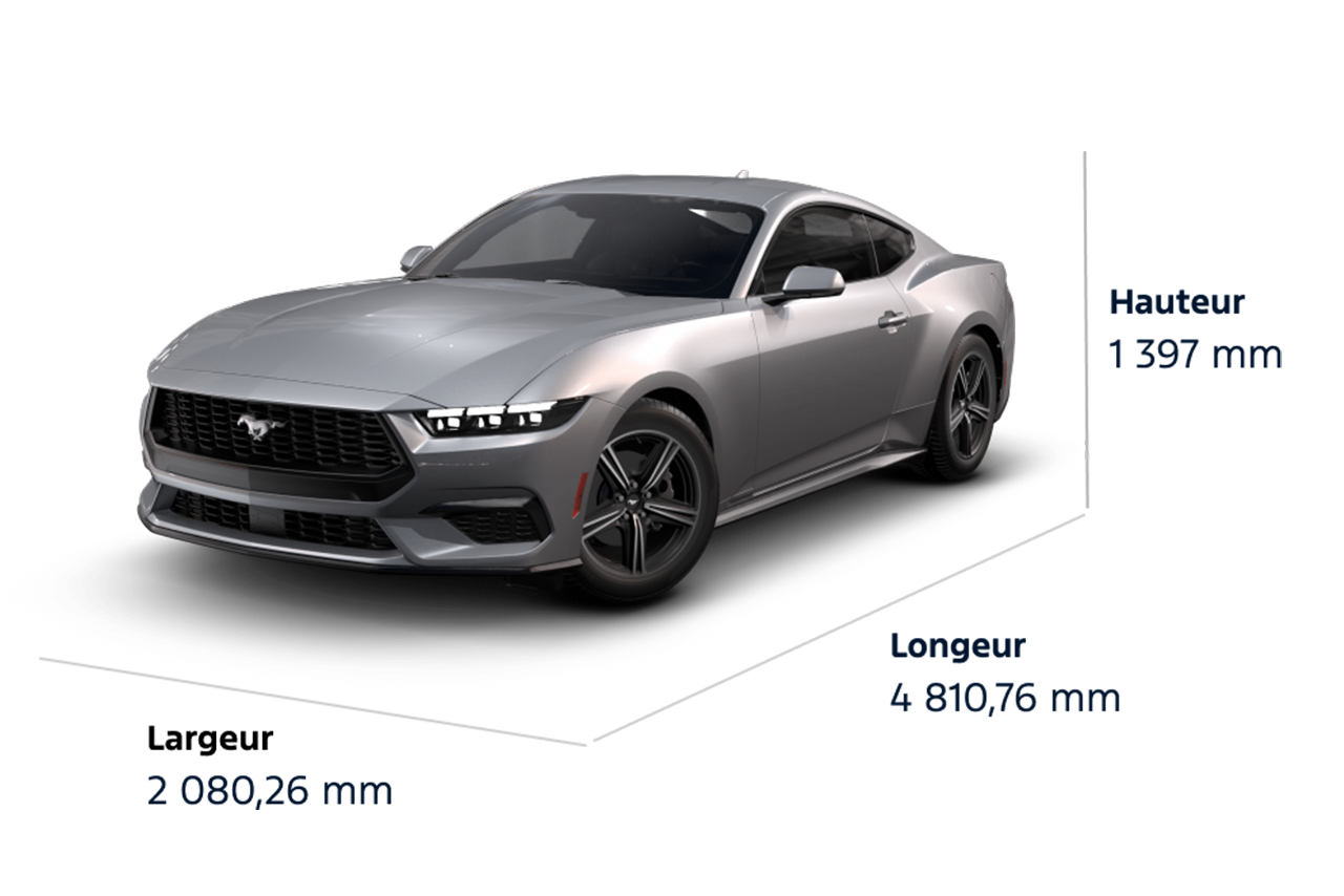 Dimensions de la Mustang® EcoBoost® coupé 2025. Hauteur : 1 397 mm, largeur : 2 080,26 mm, longueur : 4 810,76 mm