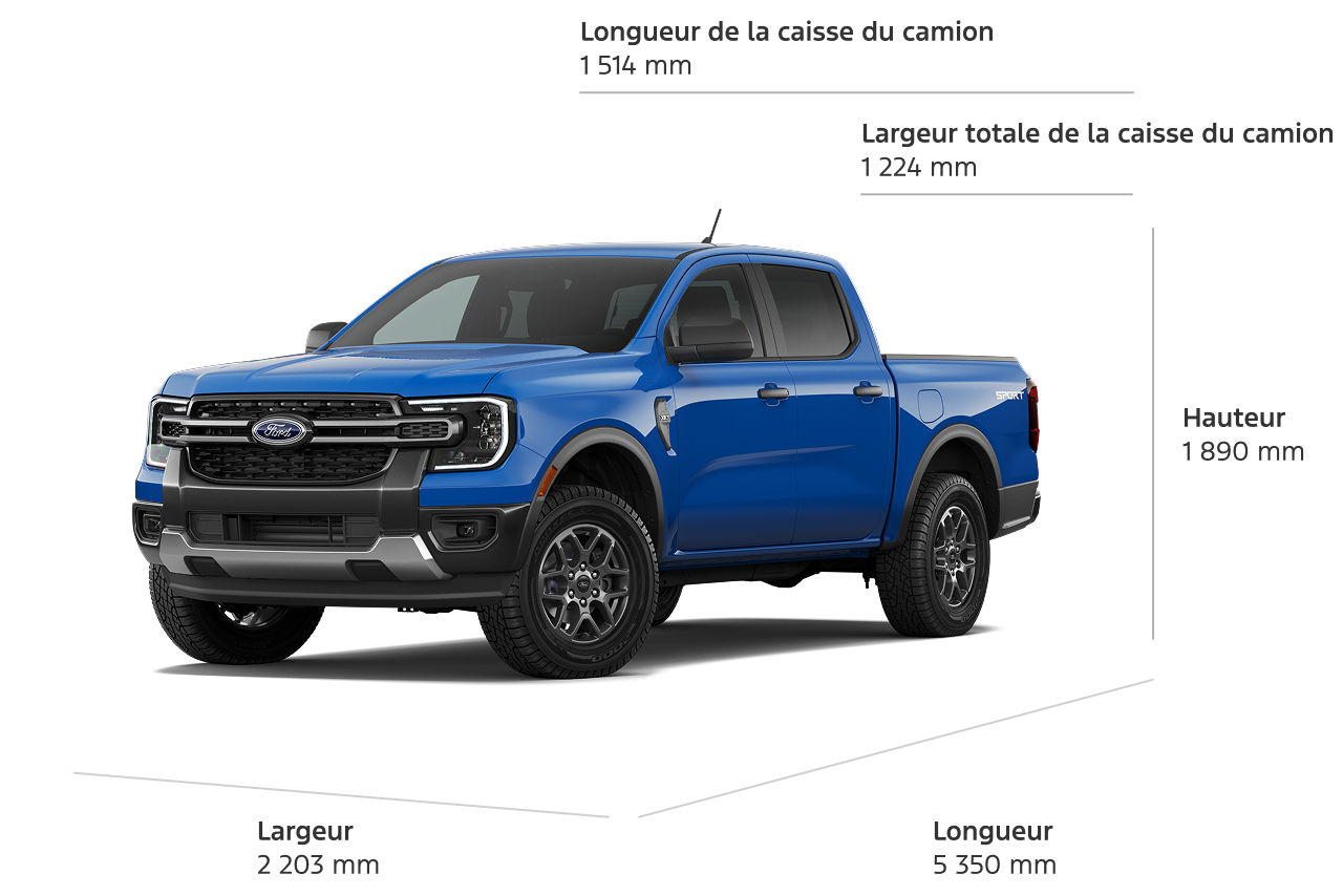 Modèle Ford Ranger® XLT 2026 avec dimensions