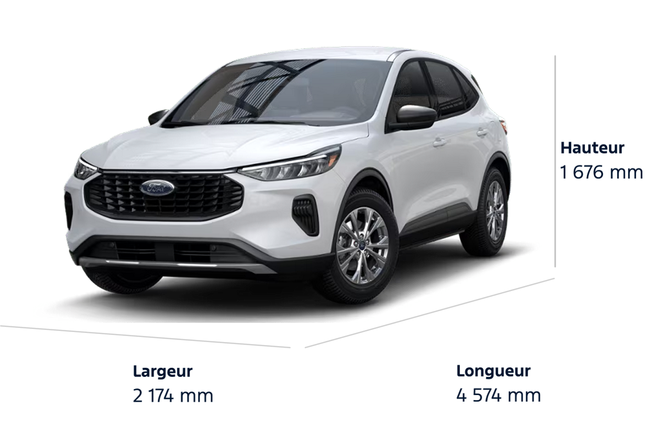 Dimensions du Ford Escape® Active 2025. Longueur : 180.1 po, Hauteur : 66.0 po, Largeur : 85.6 po.