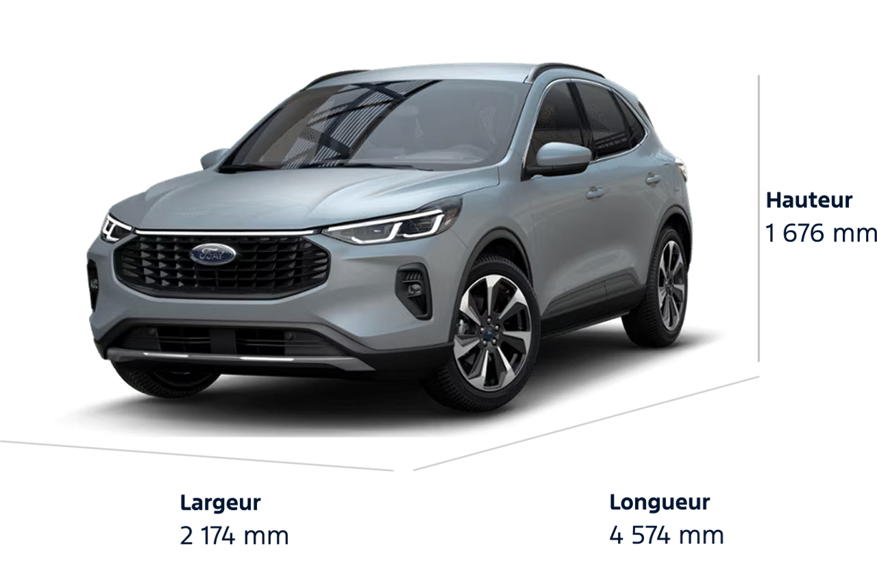 Dimensions du Ford Escape® Platinum 2025. Longueur : 180.1 po, Hauteur : 66.0 po, Largeur : 85.6 po.