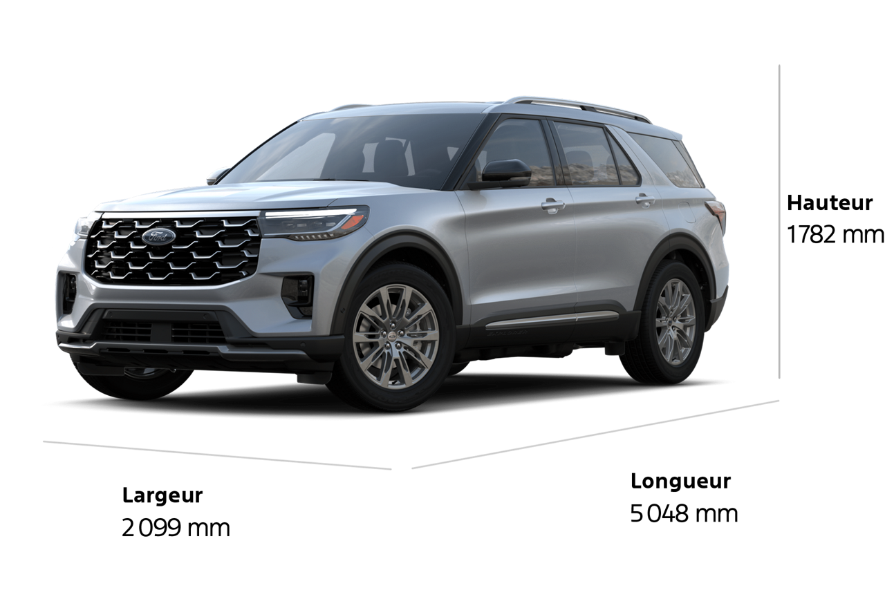 Un VUS Ford Explorer® Platinum 2025 en blanc spatial avec la largeur, la longueur et la hauteur en millimètres.