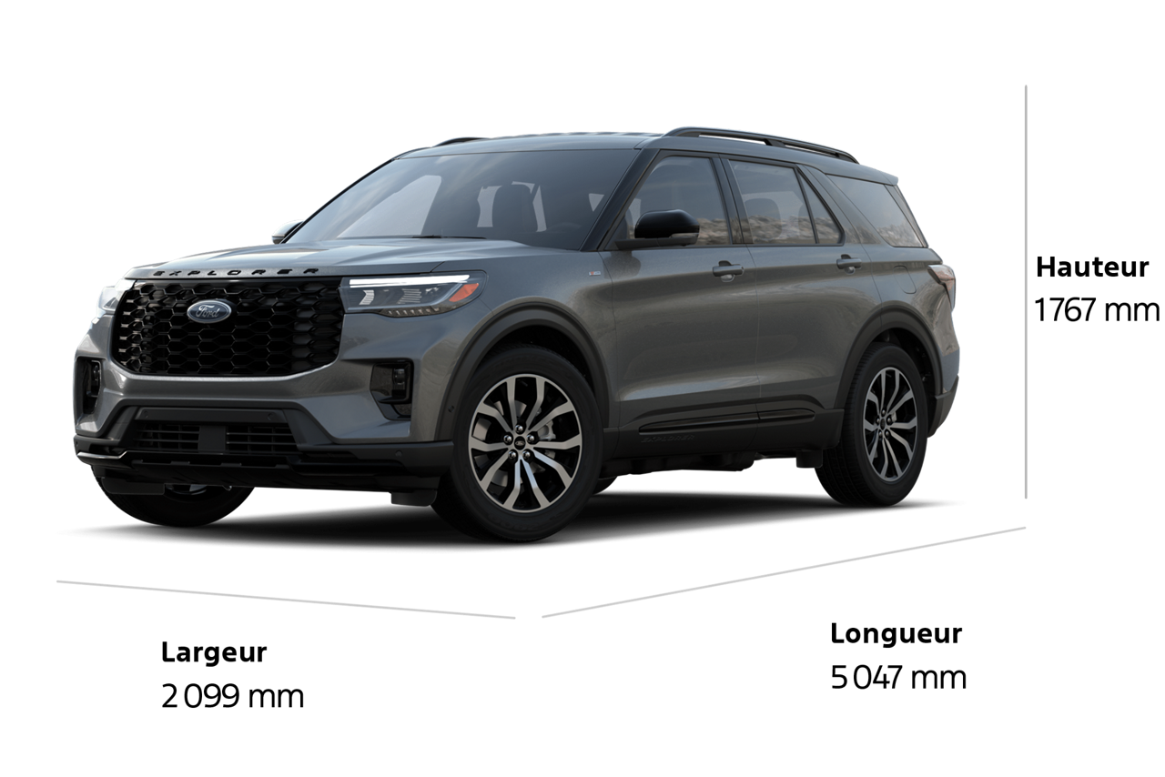 Un VUS Ford Explorer® ST-Line 2025 en gris carbonisé métallisé avec la largeur, la longueur et la hauteur en millimètres