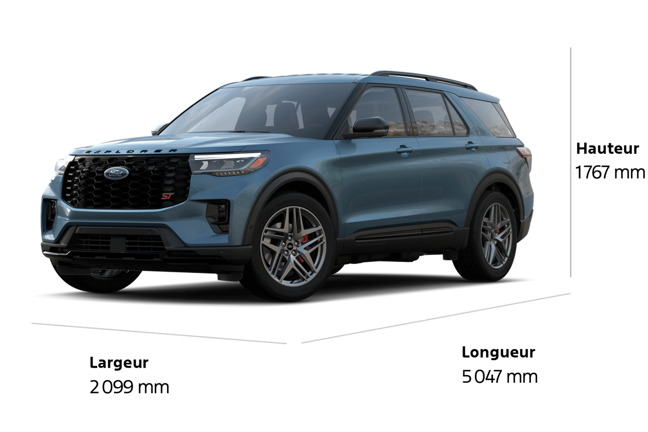 Un VUS Ford Explorer® ST 2025 en bleu vapeur métallisé avec la largeur, la longueur et la hauteur en millimètres