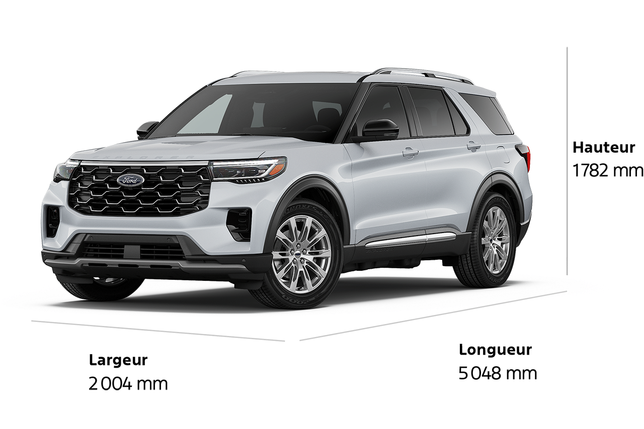 A 2026 Ford Explorer® Platinum™ SUV with a length of 5,048 mm, a width of 2,004 mm, and a height of 1,782 mm