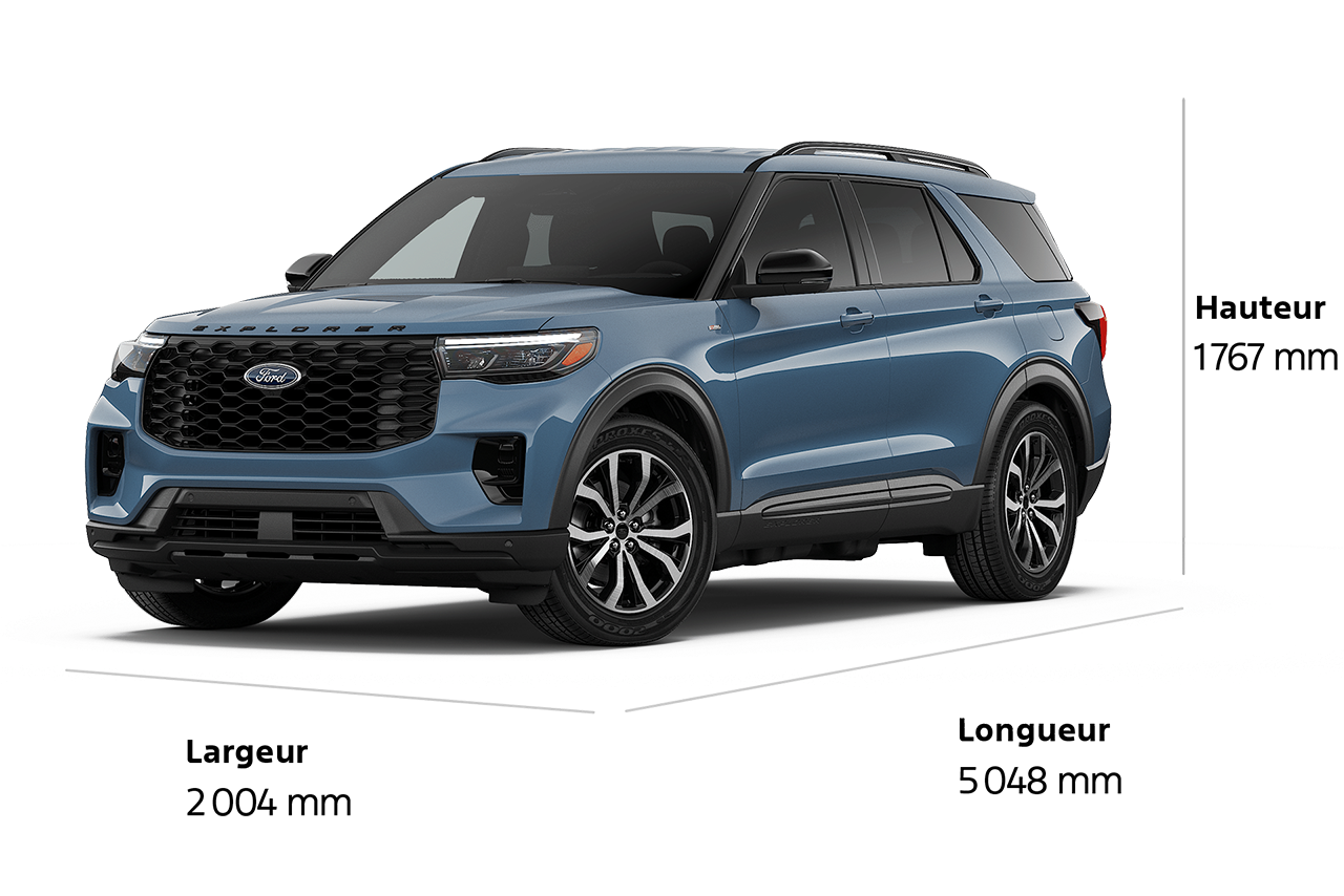 Un VUS Ford Explorer® ST-Line 2026 d'une longueur de 5 048 mm, d'une largeur de 2 004 mm et d'une hauteur de 1 767 mm