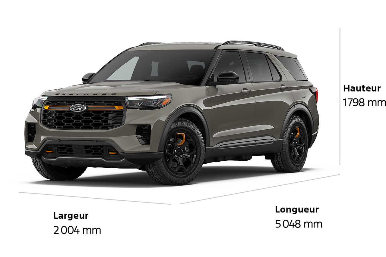 Un VUS Ford Explorer® Tremor® 2026 d'une longueur de 5 048 mm, d'une largeur de 2 004 mm et d'une hauteur de 1 798 mm