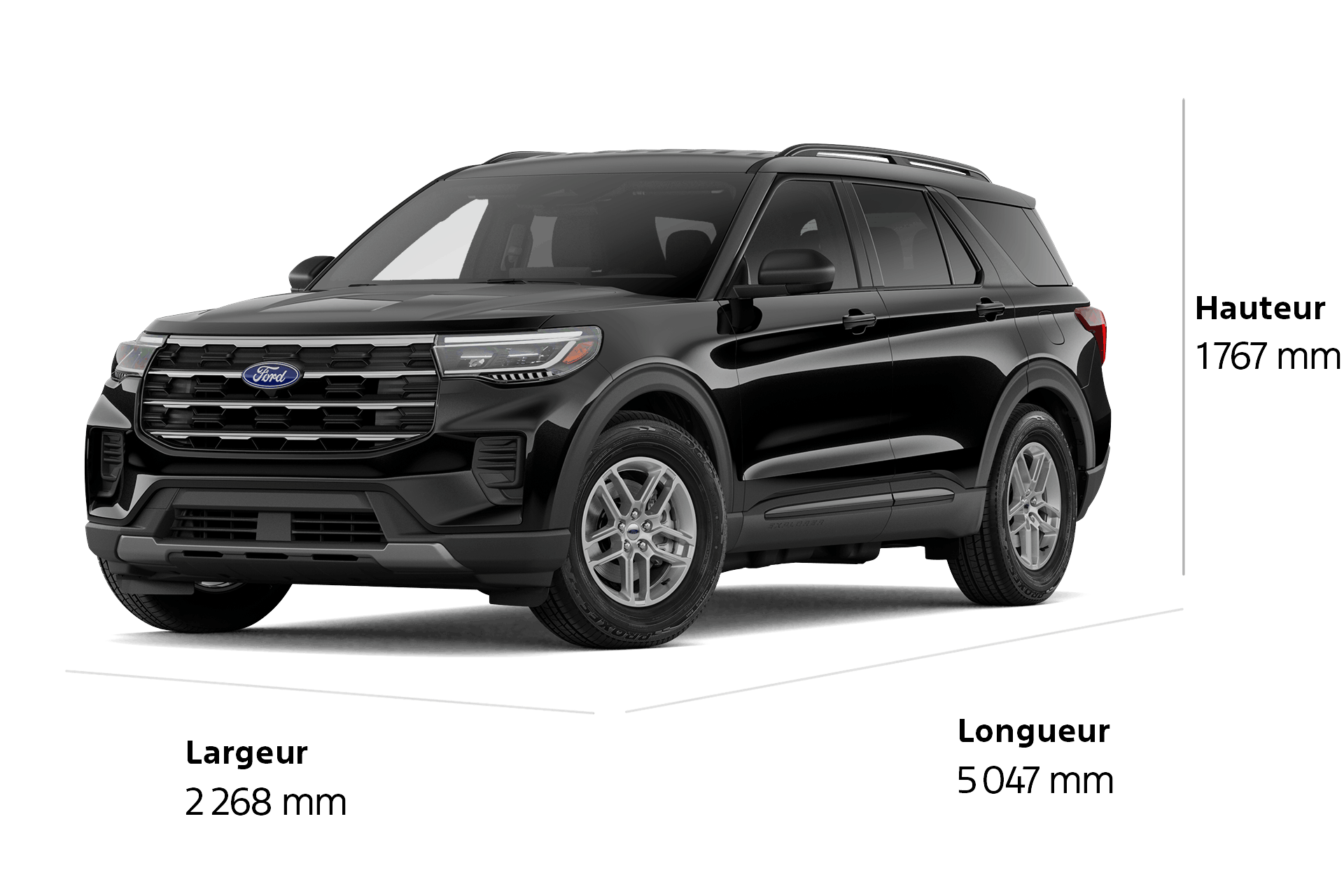 Un VUS Ford Explorer® Active 2027 d'une longueur de 5 047 mm, d'une largeur de 2 268 mm et d'une hauteur de 1 767 mm