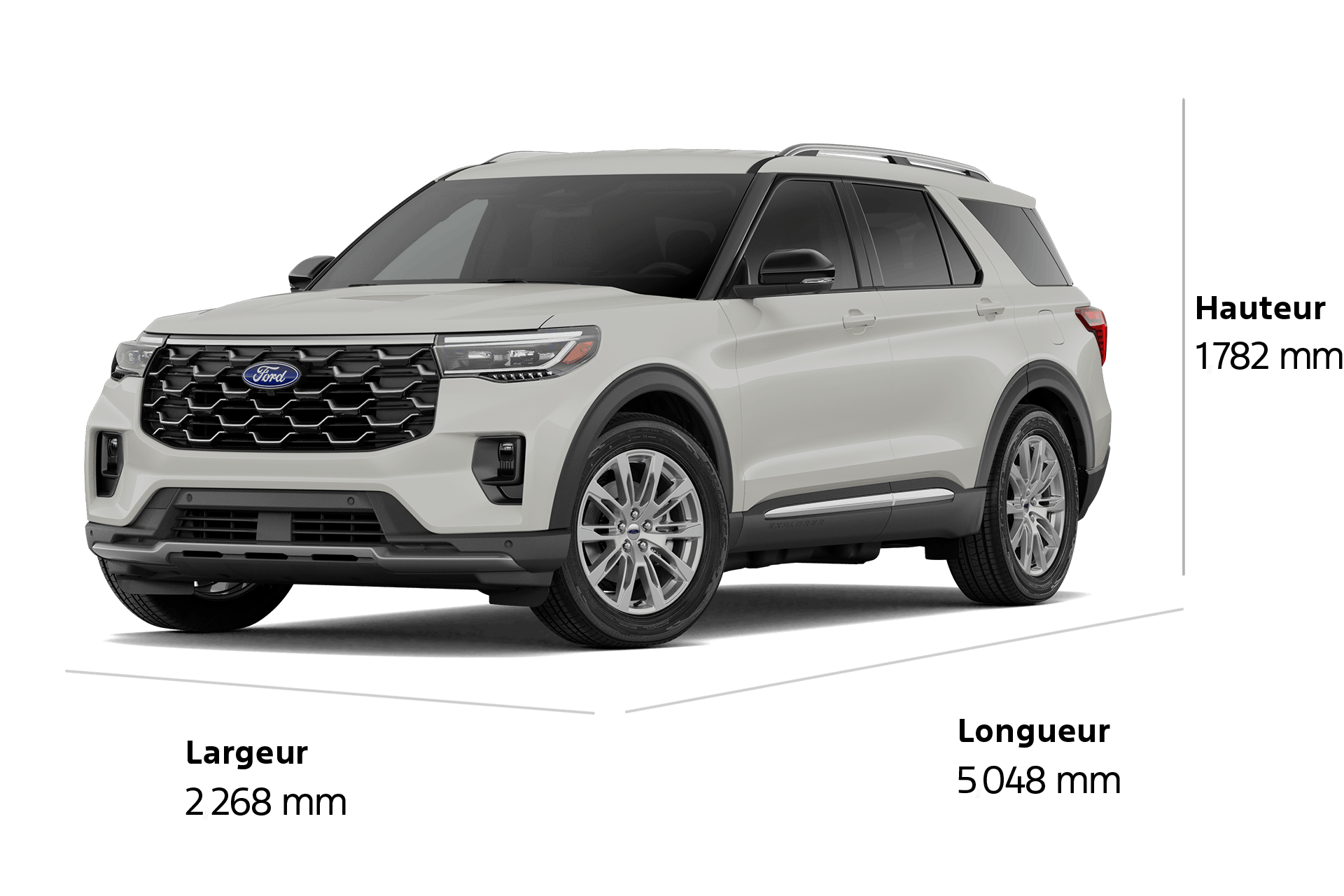 Un VUS Ford Explorer® Platinum™ 2027 d'une longueur de 5 048 mm, d'une largeur de 2 268 mm et d'une hauteur de 1 782 mm