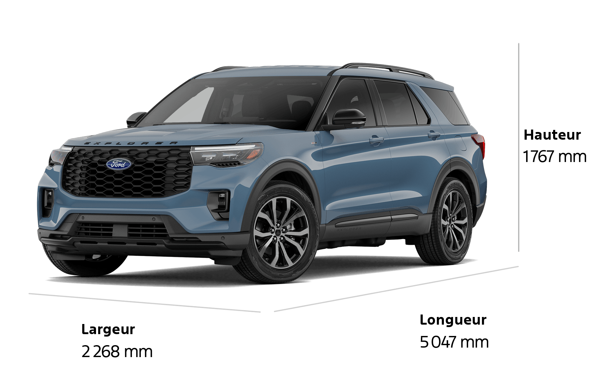 Un VUS Ford Explorer® ST-Line 2027 d'une longueur de 5 047 mm, d'une largeur de 2 268 mm et d'une hauteur de 1 767 mm