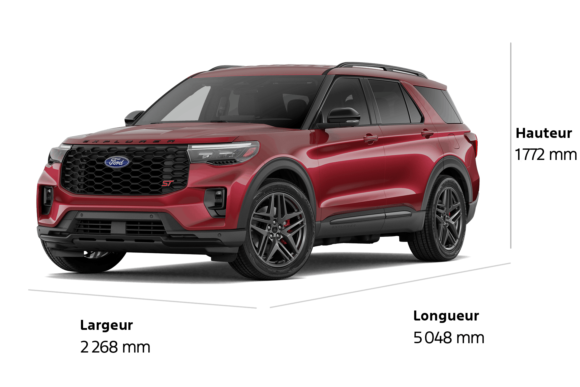Un VUS Ford Explorer® ST 2027 d'une longueur de 5 048 mm, d'une largeur de 2 268 mm et d'une hauteur de 1 772 mm