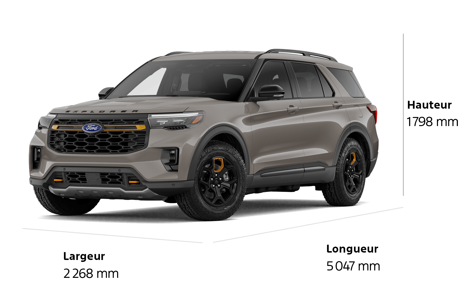Un VUS Ford Explorer® Tremor® 2027 d'une longueur de 5 047 mm, d'une largeur de 2 268 mm et d'une hauteur de 1 798 mm