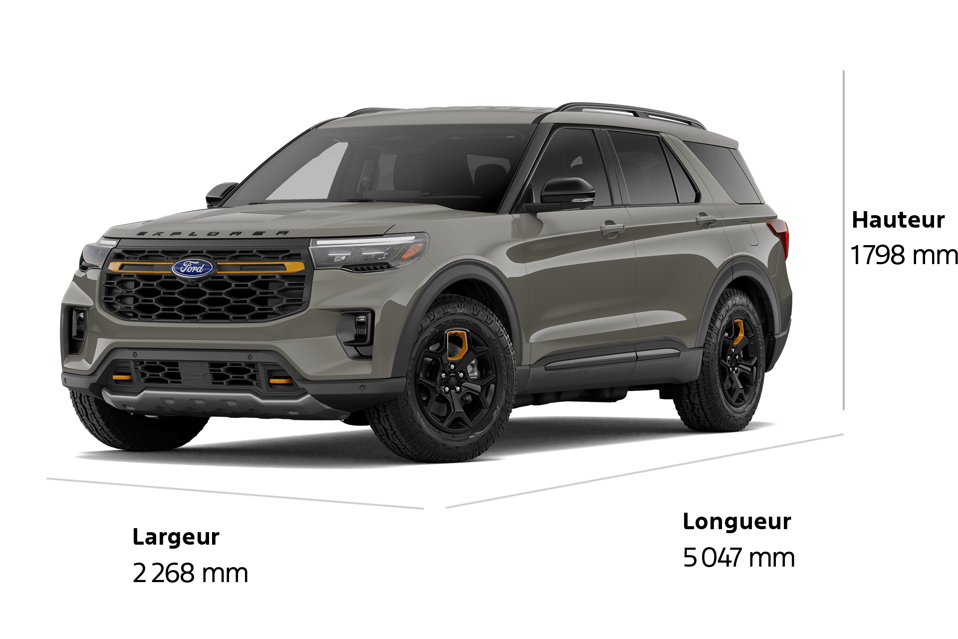 Un VUS Ford Explorer® Tremor® 2027 d'une longueur de 5 047 mm, d'une largeur de 2 268 mm et d'une hauteur de 1 798 mm