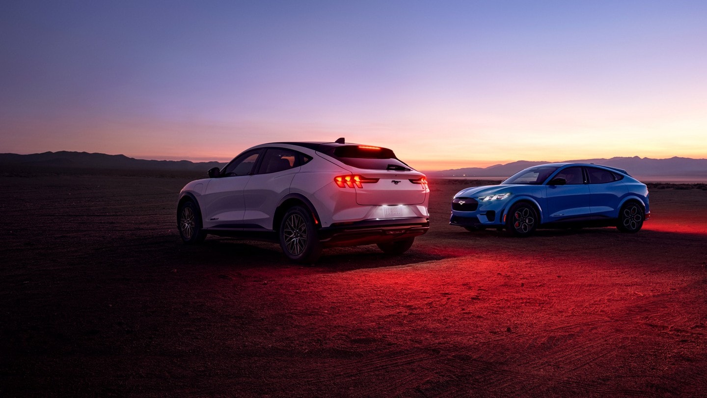 Une Mustang Mach E argent et bleue est stationnée côte à côte dans un décor désertique
