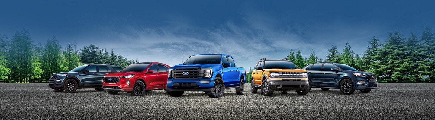 Commencez votre voyage dans un Ford 2023. Gamme de véhicules Ford 2023. De gauche à droite, Explorer, Escape, F 150, Bronco Sport, Edge.