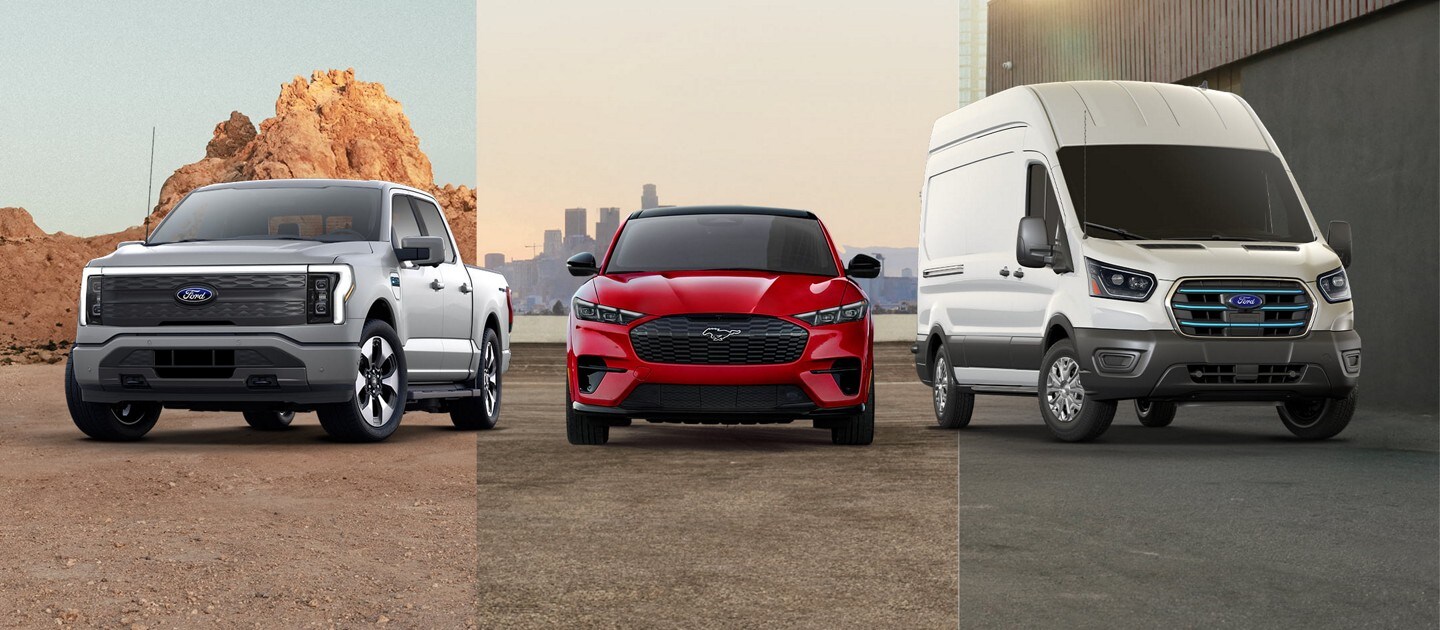 Plan produit de véhicules électriques Ford comprenant les F 150 Lightning, Mustang Mach E et E Transit